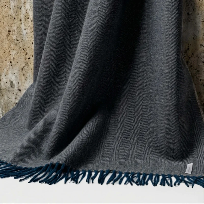 Baby Alpaca Throw Herringbone Deep Blue