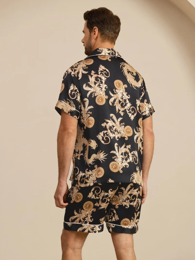100% Maulbeerseide Herren-Kurzarm-Pyjama-Set mit Drachenmuster und Reverskragen