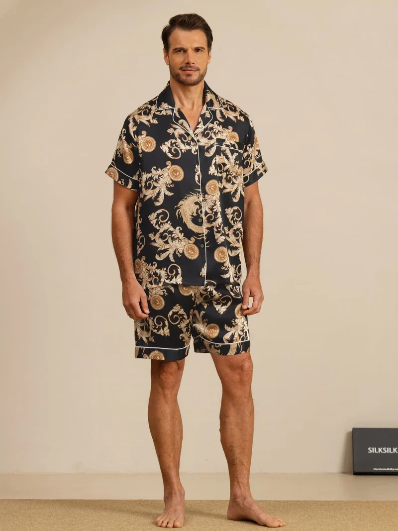 100% Maulbeerseide Herren-Kurzarm-Pyjama-Set mit Drachenmuster und Reverskragen