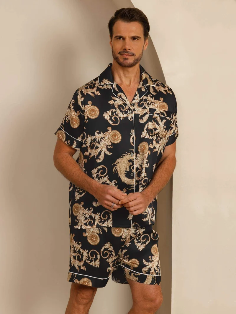 100% Maulbeerseide Herren-Kurzarm-Pyjama-Set mit Drachenmuster und Reverskragen
