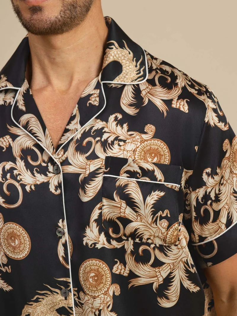 100% Maulbeerseide Herren-Kurzarm-Pyjama-Set mit Drachenmuster und Reverskragen