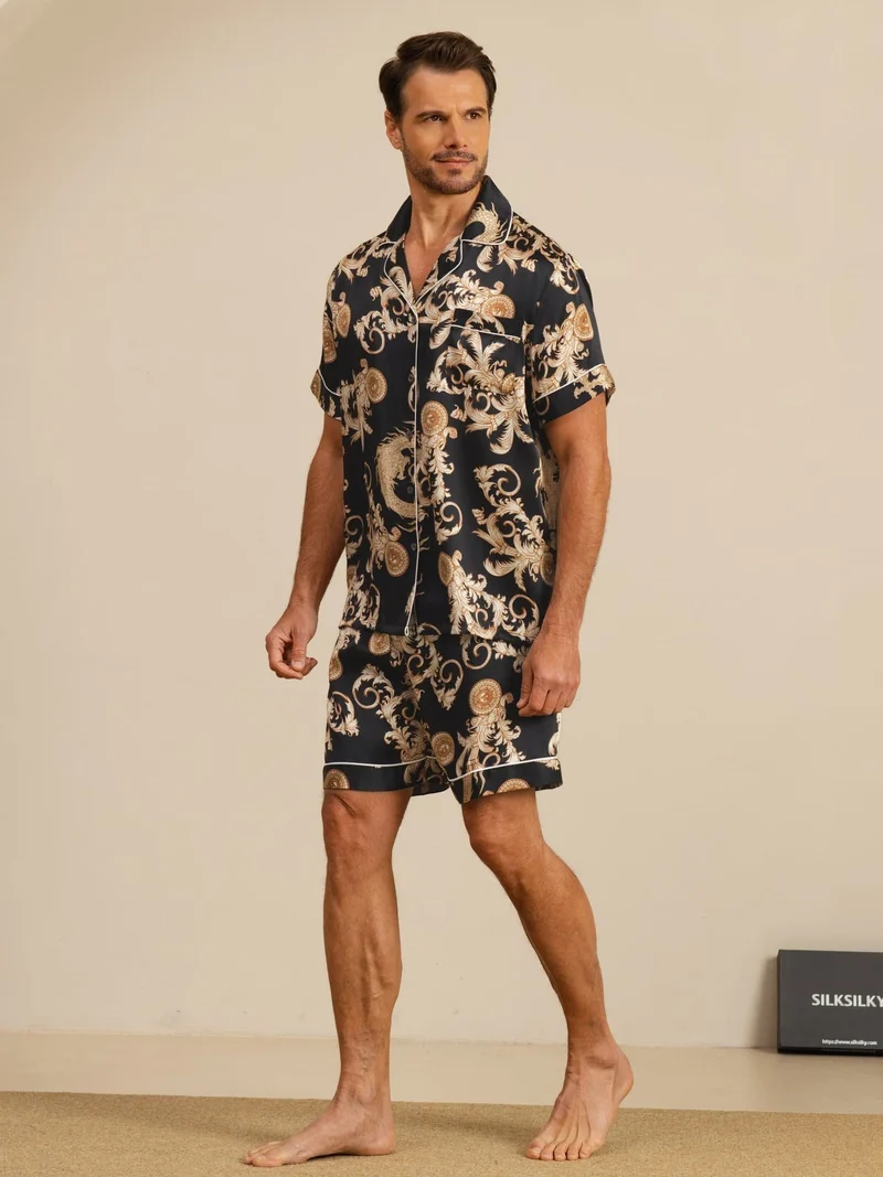 100% Maulbeerseide Herren-Kurzarm-Pyjama-Set mit Drachenmuster und Reverskragen