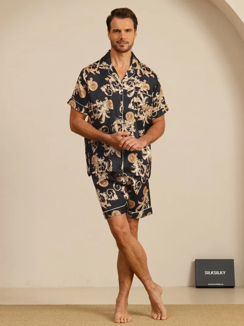 100% Maulbeerseide Herren-Kurzarm-Pyjama-Set mit Drachenmuster und Reverskragen