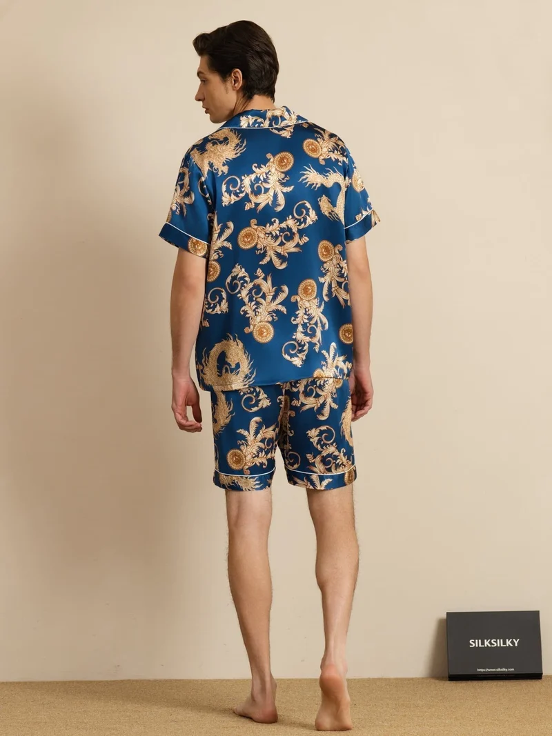 100% Maulbeerseide Herren-Kurzarm-Pyjama-Set mit Drachenmuster und Reverskragen