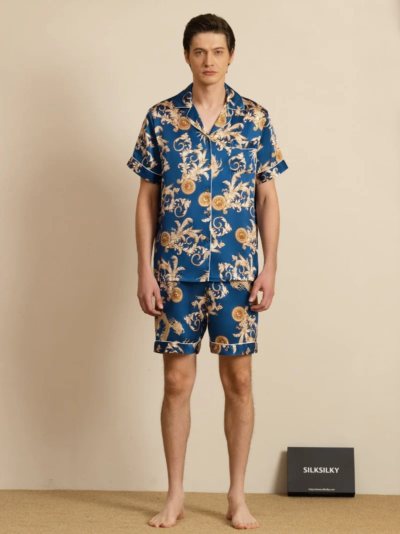 100% Maulbeerseide Herren-Kurzarm-Pyjama-Set mit Drachenmuster und Reverskragen