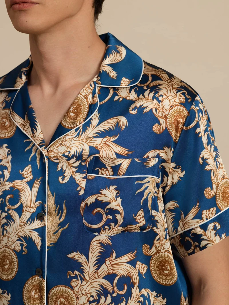 100% Maulbeerseide Herren-Kurzarm-Pyjama-Set mit Drachenmuster und Reverskragen