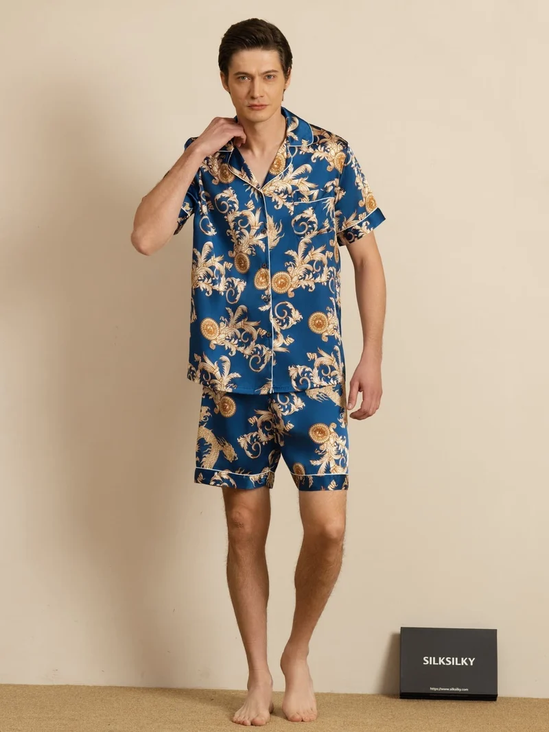 100% Maulbeerseide Herren-Kurzarm-Pyjama-Set mit Drachenmuster und Reverskragen