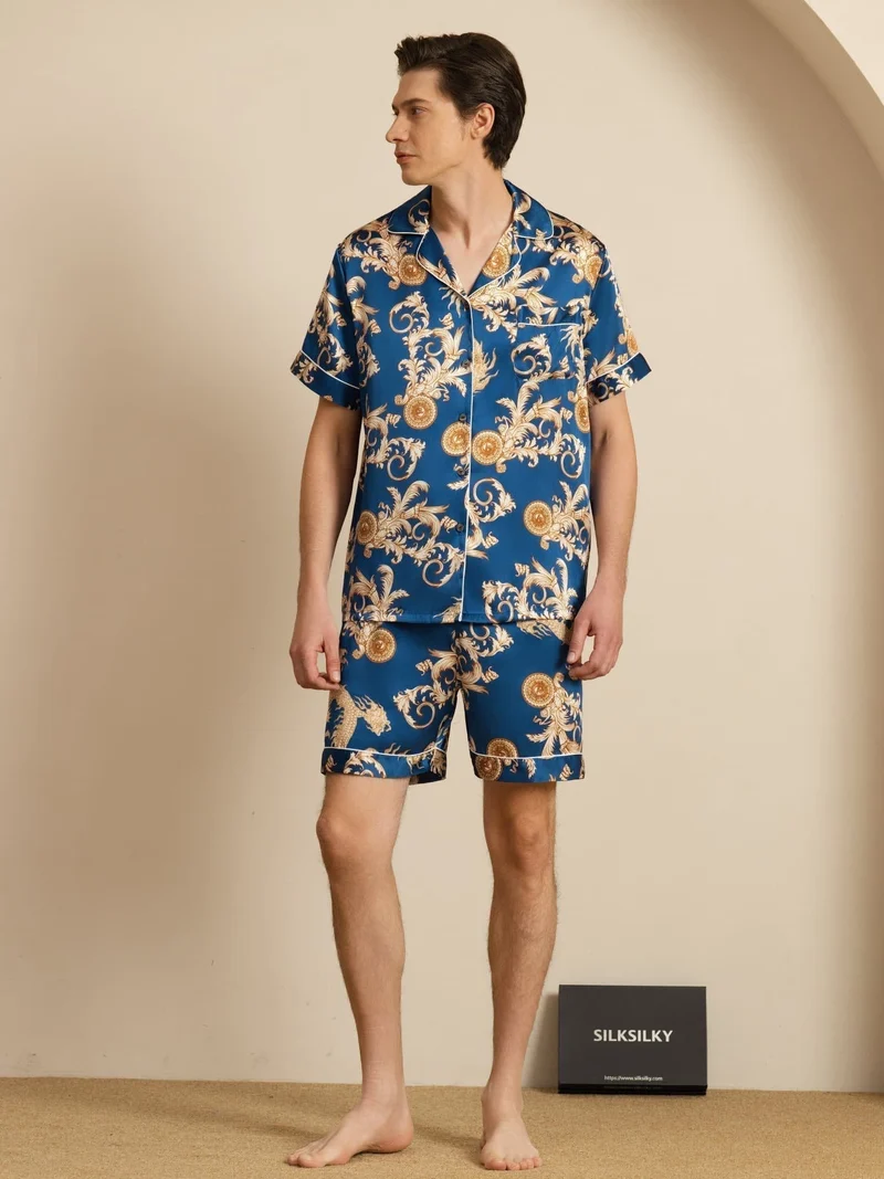 100% Maulbeerseide Herren-Kurzarm-Pyjama-Set mit Drachenmuster und Reverskragen