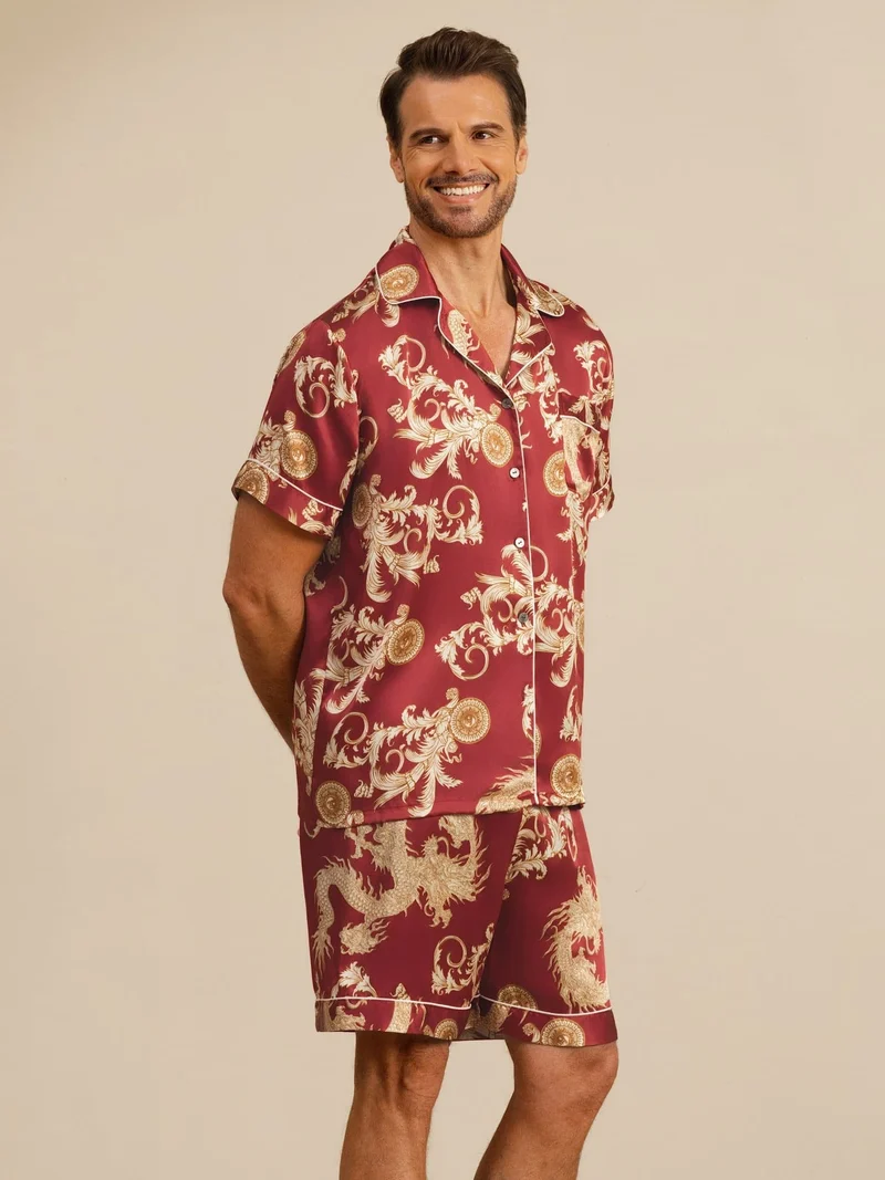 100% Maulbeerseide Herren-Kurzarm-Pyjama-Set mit Drachenmuster und Reverskragen