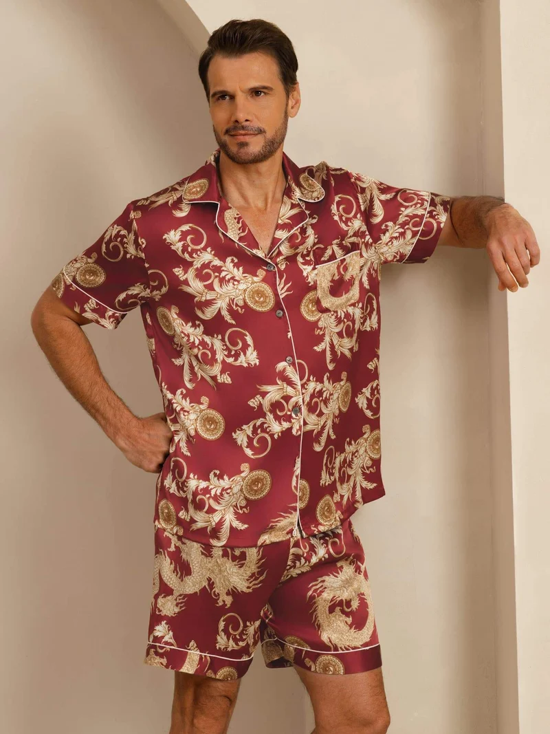 100% Maulbeerseide Herren-Kurzarm-Pyjama-Set mit Drachenmuster und Reverskragen