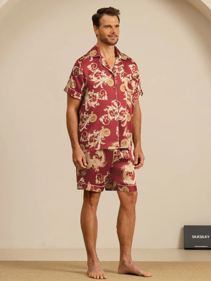 100% Maulbeerseide Herren-Kurzarm-Pyjama-Set mit Drachenmuster und Reverskragen