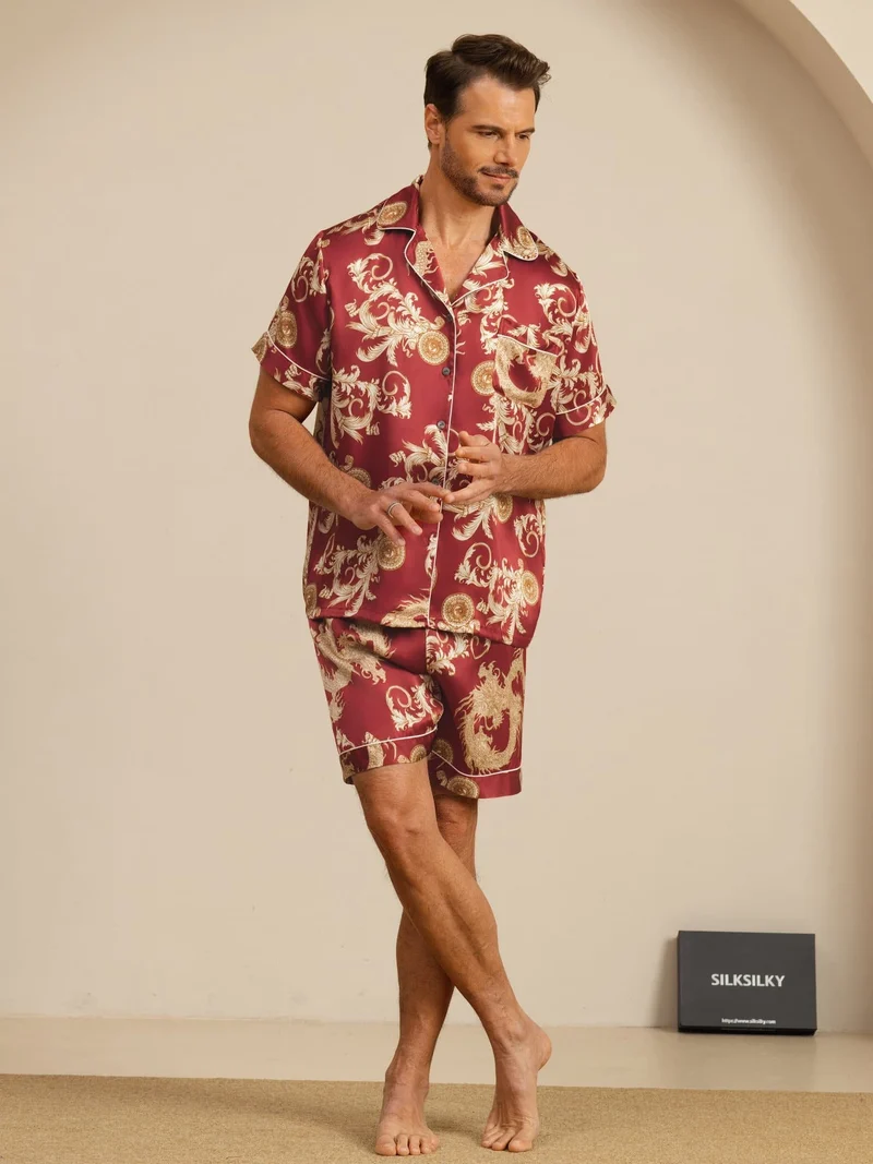 100% Maulbeerseide Herren-Kurzarm-Pyjama-Set mit Drachenmuster und Reverskragen