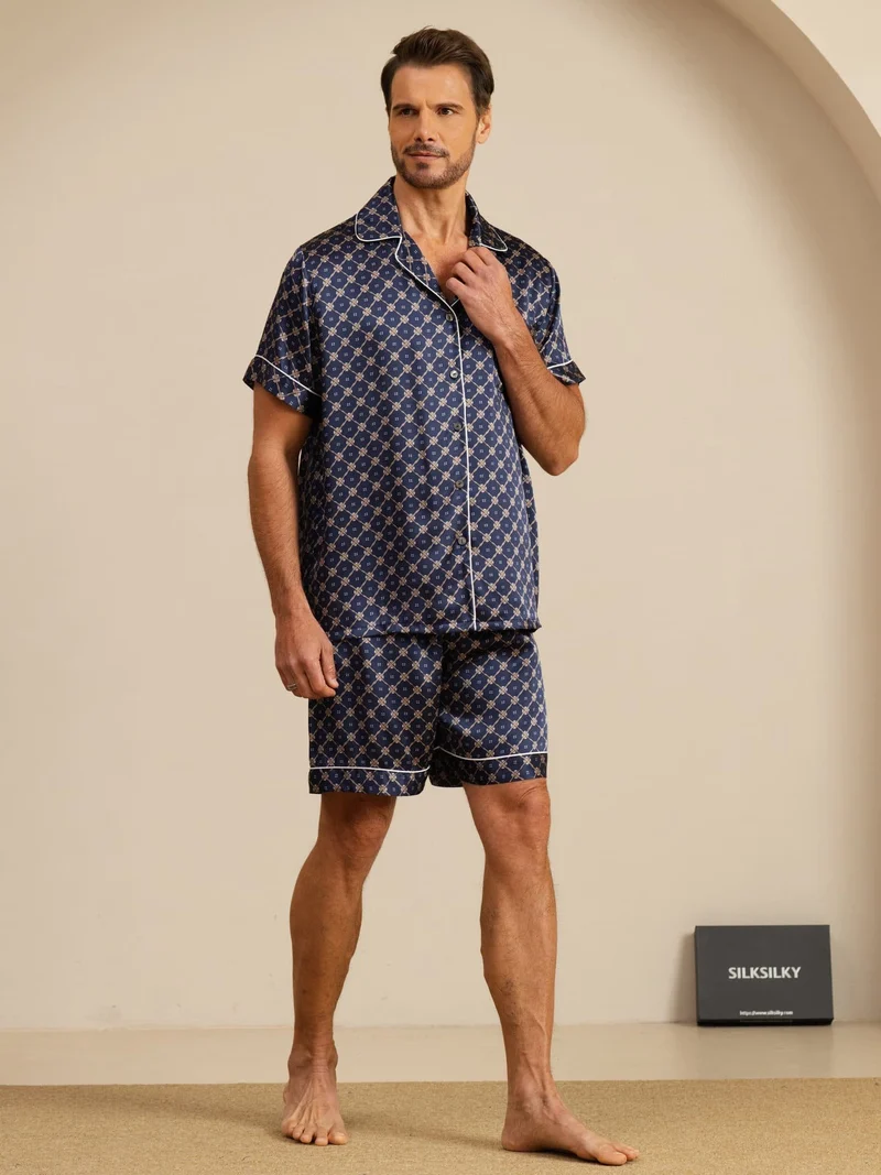 100% Maulbeerseide Herren-Kurzarm-Pyjama-Set mit Kettenmuster sowie Reverskragen und Shorts