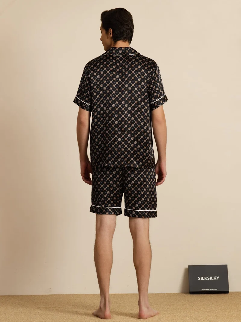 100% Maulbeerseide Herren-Kurzarm-Pyjama-Set mit Kettenmuster sowie Reverskragen und Shorts