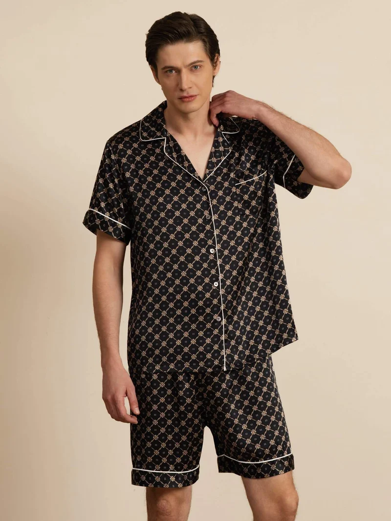 100% Maulbeerseide Herren-Kurzarm-Pyjama-Set mit Kettenmuster sowie Reverskragen und Shorts