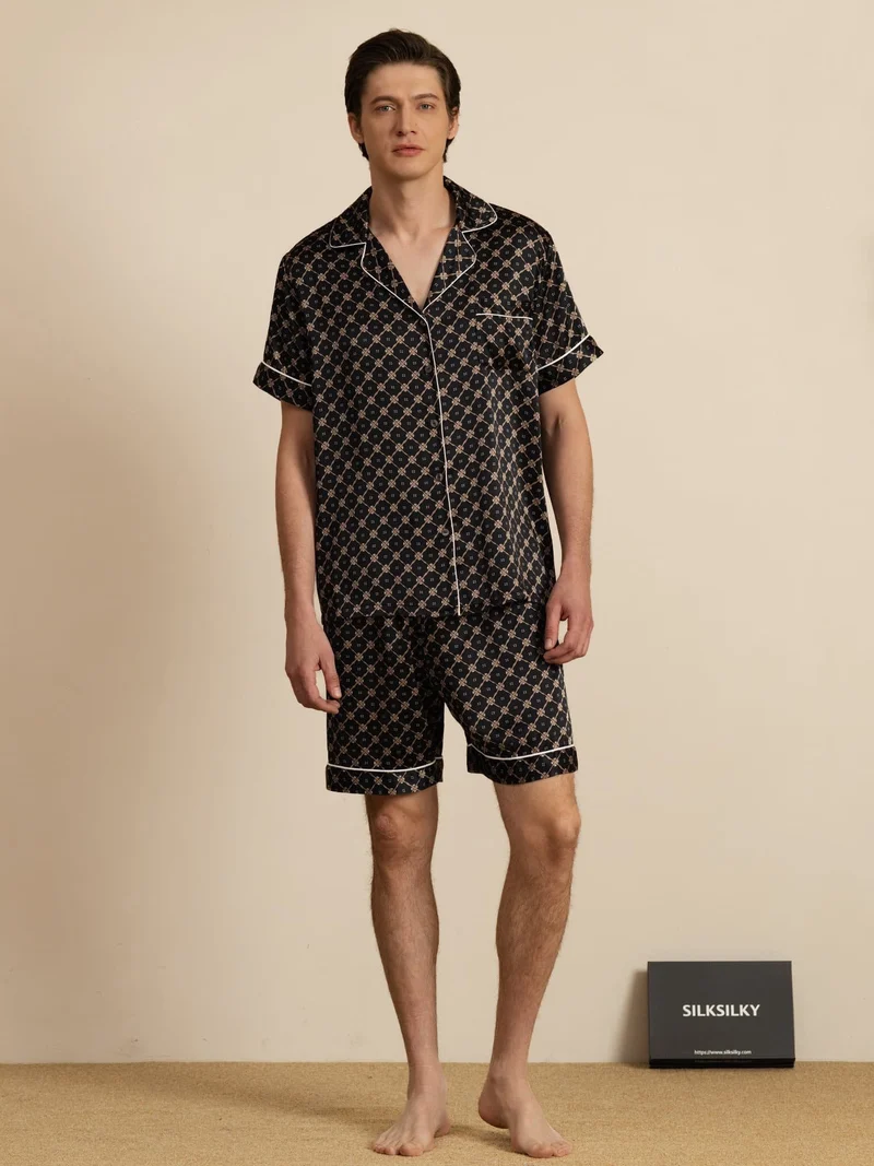 100% Maulbeerseide Herren-Kurzarm-Pyjama-Set mit Kettenmuster sowie Reverskragen und Shorts