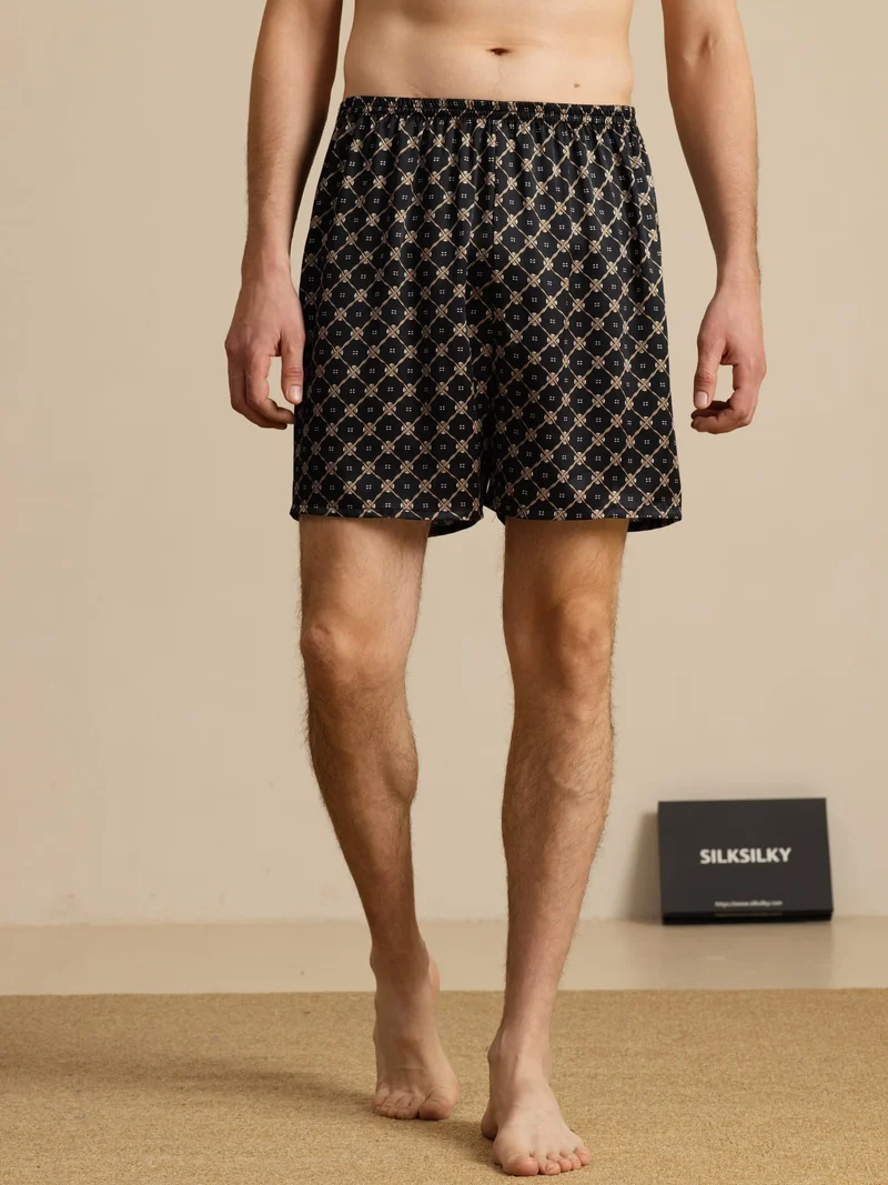100% Maulbeerseide Herren-Schlafshorts mit marineblauem Kettenmuster und Elastikbund