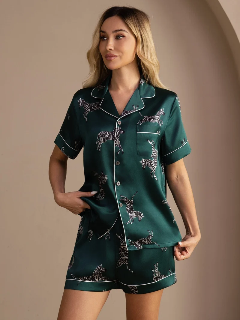 100% Maulbeerseide Damen Kurzararm Knopf Pyjama Set Mit Zebra Print