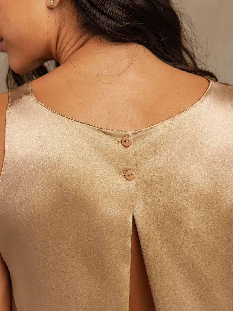 Reine Seide Set aus rückenfreiem Vokuhila-Tank-Top mit U-Ausschnitt sowie Weitbeinhose