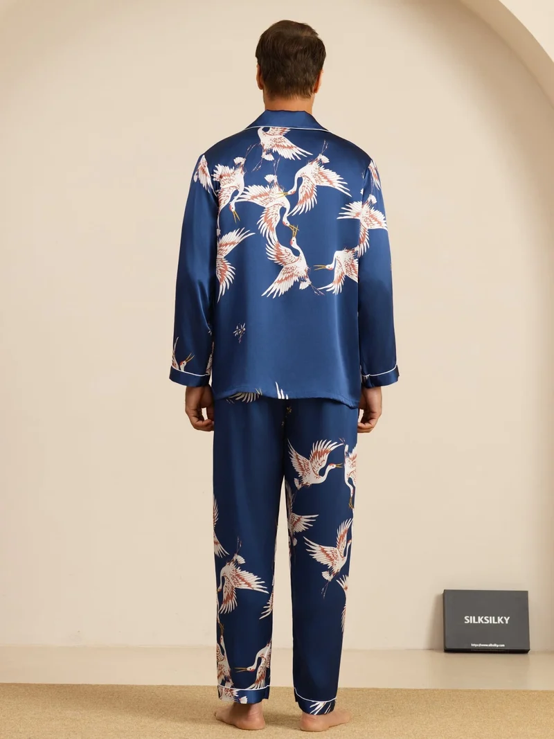 19 Momme Reine Seide Herren-Langarm-Pyjama-Set mit Kranichmuster und Reverskragen
