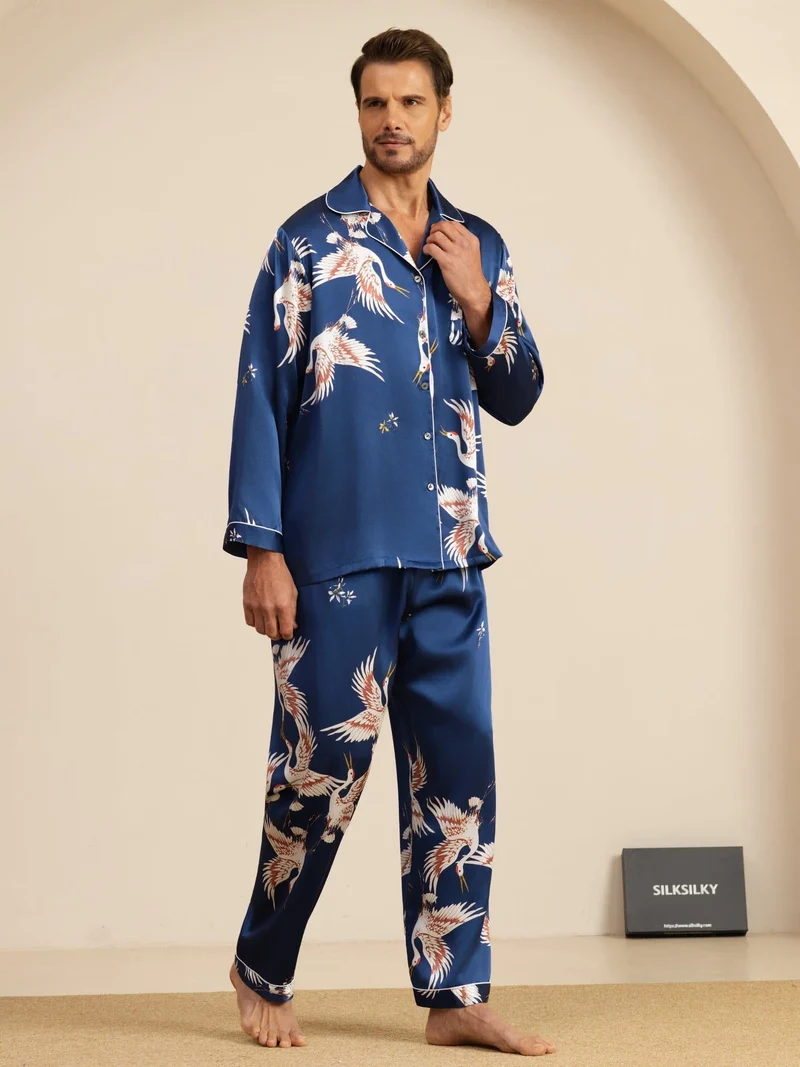 19 Momme Reine Seide Herren-Langarm-Pyjama-Set mit Kranichmuster und Reverskragen