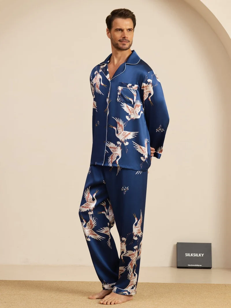 19 Momme Reine Seide Herren-Langarm-Pyjama-Set mit Kranichmuster und Reverskragen