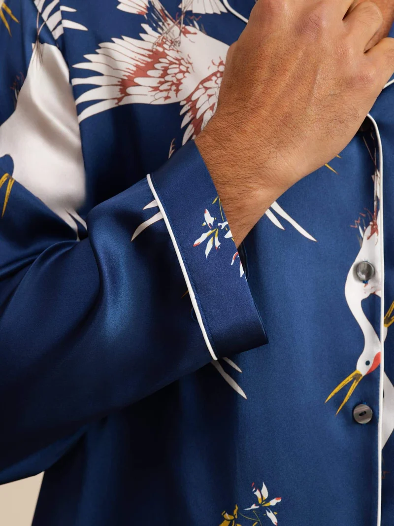 19 Momme Reine Seide Herren-Langarm-Pyjama-Set mit Kranichmuster und Reverskragen