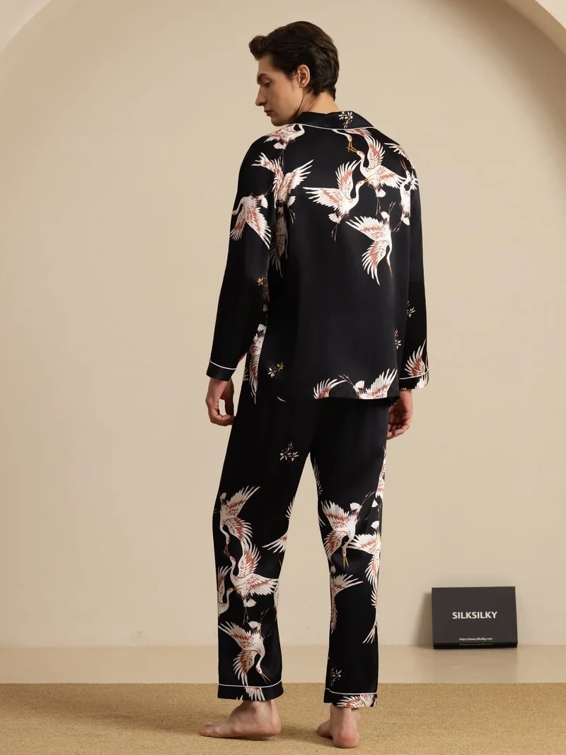 19 Momme Reine Seide Herren-Langarm-Pyjama-Set mit Kranichmuster und Reverskragen
