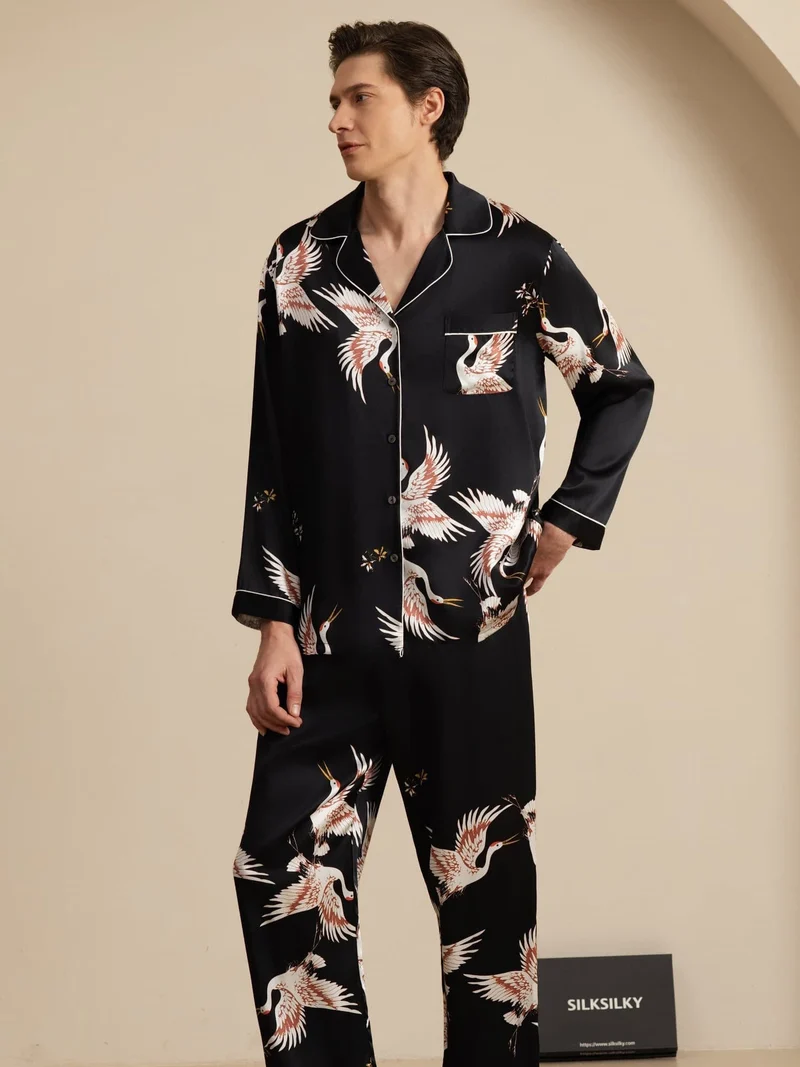 19 Momme Reine Seide Herren-Langarm-Pyjama-Set mit Kranichmuster und Reverskragen