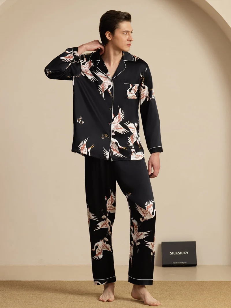 19 Momme Reine Seide Herren-Langarm-Pyjama-Set mit Kranichmuster und Reverskragen
