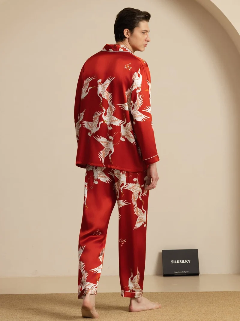 19 Momme Reine Seide Herren-Langarm-Pyjama-Set mit Kranichmuster und Reverskragen