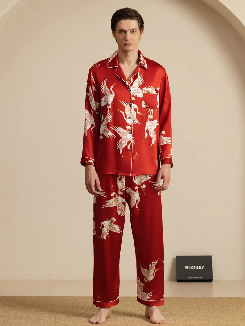 19 Momme Reine Seide Herren-Langarm-Pyjama-Set mit Kranichmuster und Reverskragen