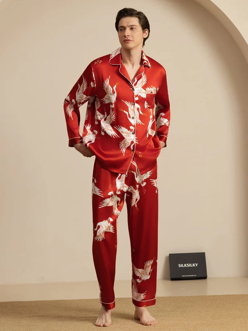19 Momme Reine Seide Herren-Langarm-Pyjama-Set mit Kranichmuster und Reverskragen