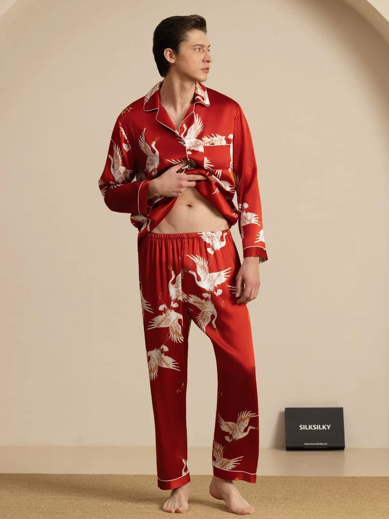 19 Momme Reine Seide Herren-Langarm-Pyjama-Set mit Kranichmuster und Reverskragen