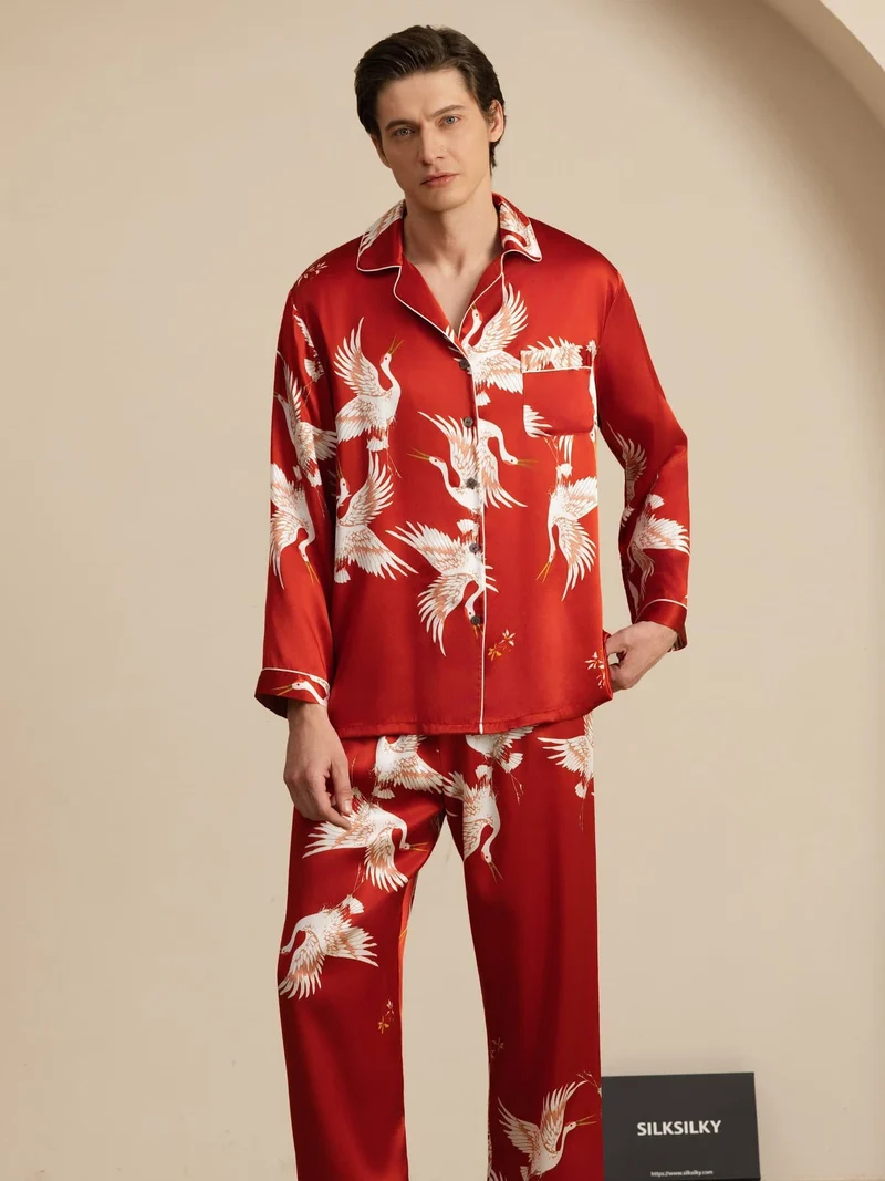 19 Momme Reine Seide Herren-Langarm-Pyjama-Set mit Kranichmuster und Reverskragen