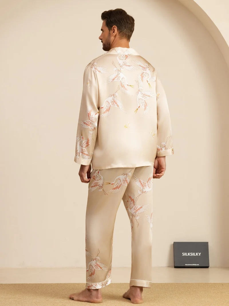 19 Momme Reine Seide Herren-Langarm-Pyjama-Set mit Kranichmuster und Reverskragen