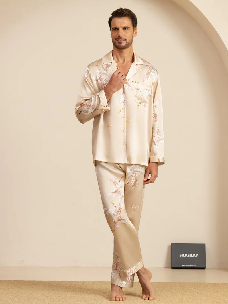 19 Momme Reine Seide Herren-Langarm-Pyjama-Set mit Kranichmuster und Reverskragen