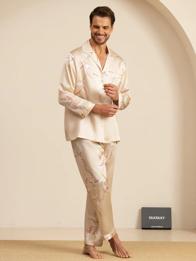19 Momme Reine Seide Herren-Langarm-Pyjama-Set mit Kranichmuster und Reverskragen