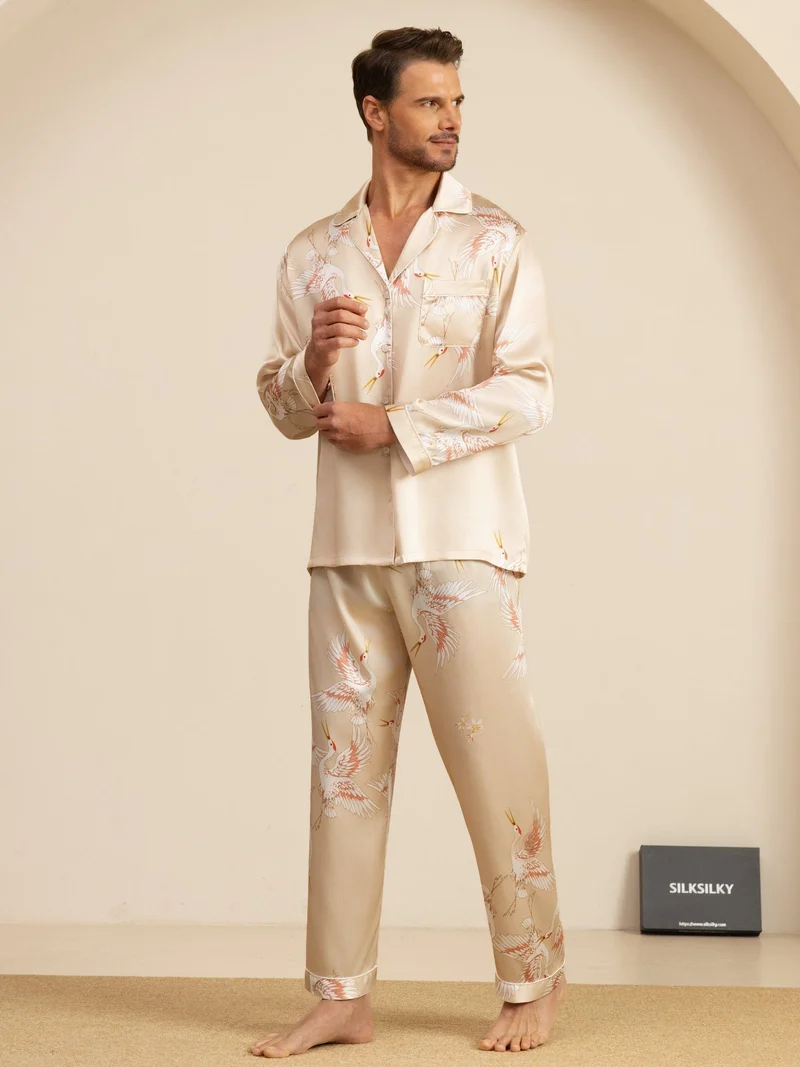 19 Momme Reine Seide Herren-Langarm-Pyjama-Set mit Kranichmuster und Reverskragen
