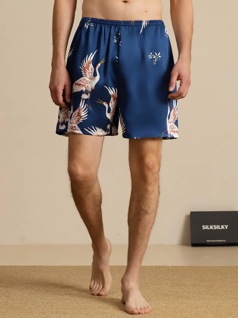 19 Momme Reine Seide Herren-Schlafshorts mit Kranichmuster und Elastikbund