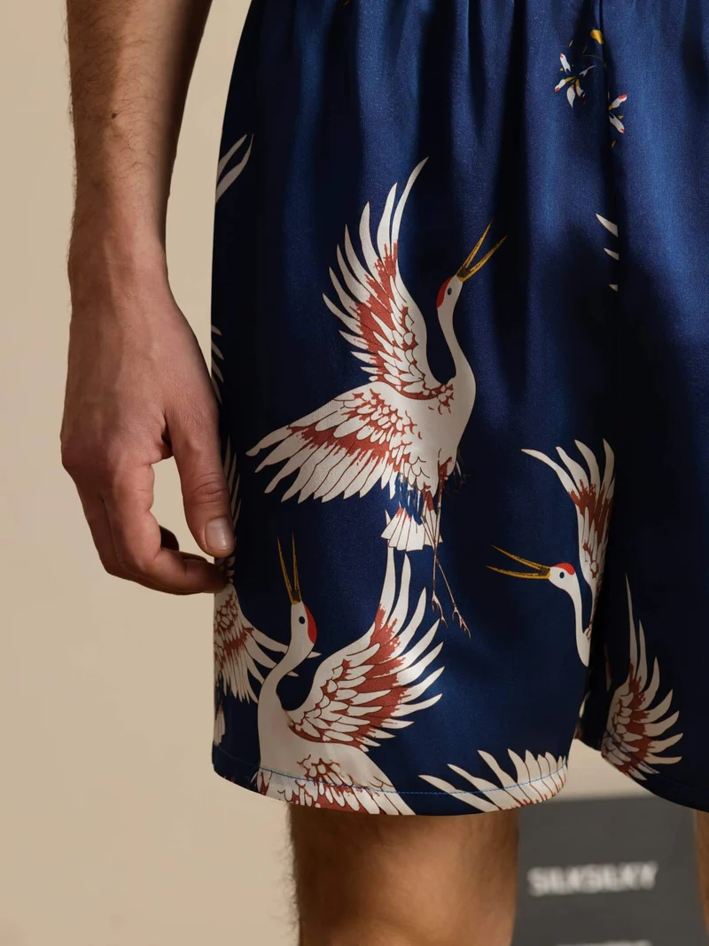 19 Momme Reine Seide Herren-Schlafshorts mit Kranichmuster und Elastikbund