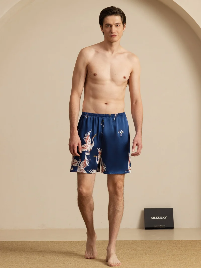 19 Momme Reine Seide Herren-Schlafshorts mit Kranichmuster und Elastikbund