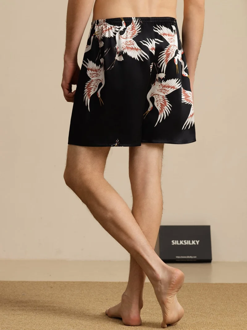 19 Momme Reine Seide Herren-Schlafshorts mit Kranichmuster und Elastikbund
