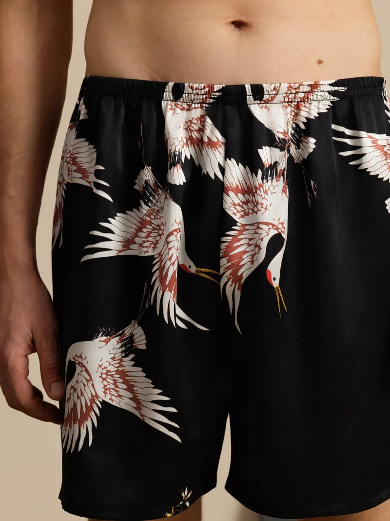 19 Momme Reine Seide Herren-Schlafshorts mit Kranichmuster und Elastikbund