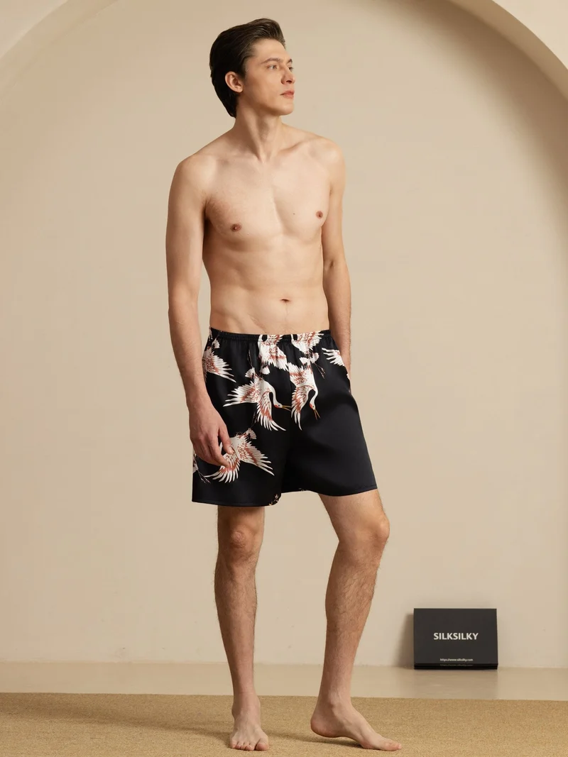 19 Momme Reine Seide Herren-Schlafshorts mit Kranichmuster und Elastikbund