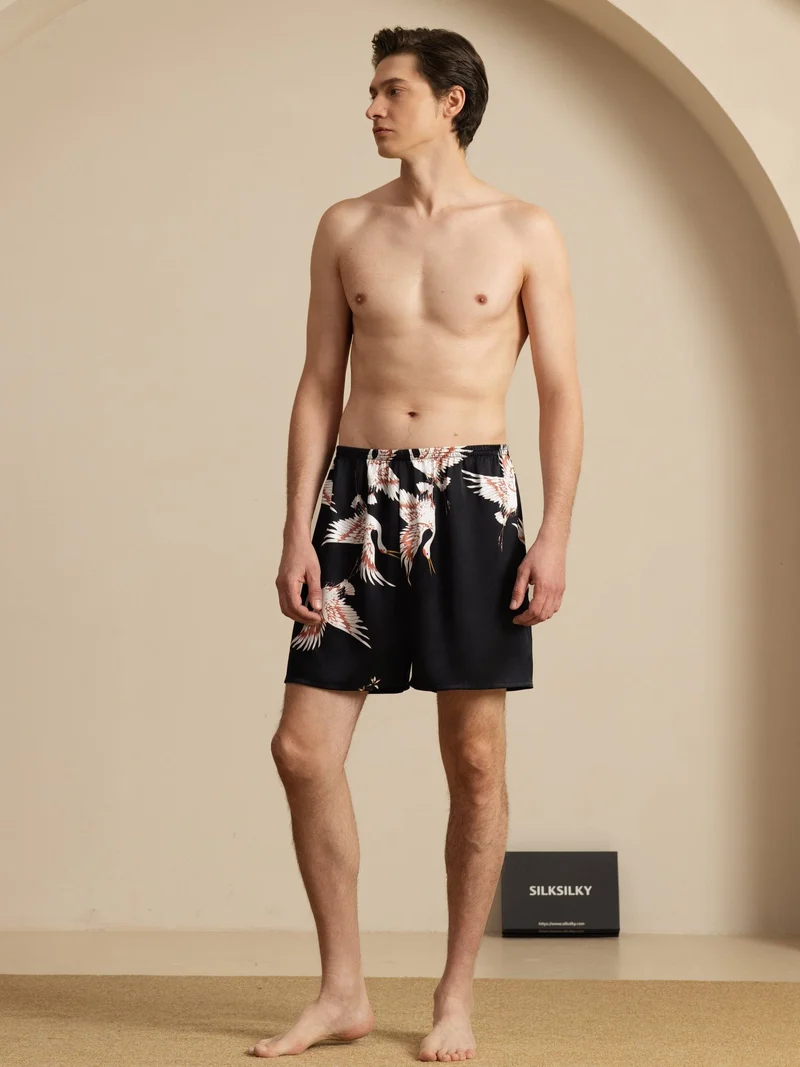 19 Momme Reine Seide Herren-Schlafshorts mit Kranichmuster und Elastikbund