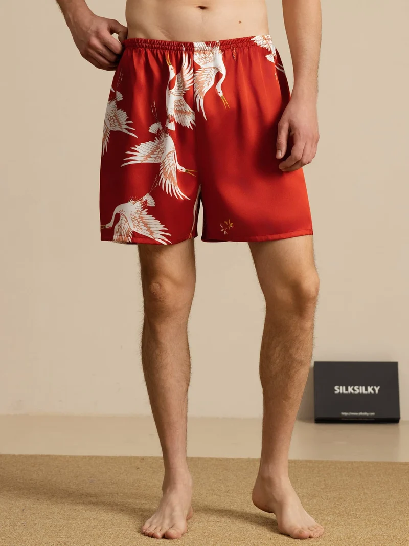 19 Momme Reine Seide Herren-Schlafshorts mit Kranichmuster und Elastikbund