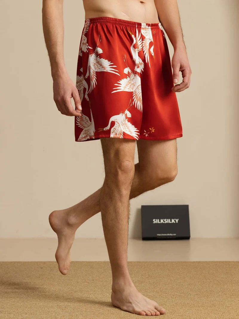 19 Momme Reine Seide Herren-Schlafshorts mit Kranichmuster und Elastikbund