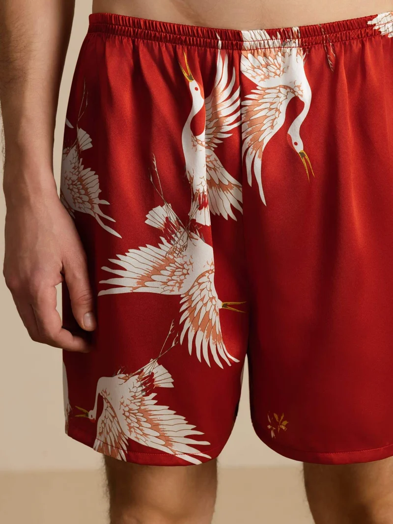 19 Momme Reine Seide Herren-Schlafshorts mit Kranichmuster und Elastikbund