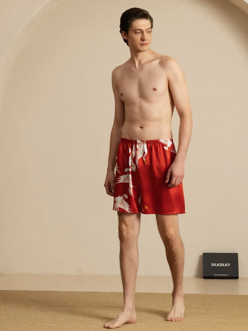19 Momme Reine Seide Herren-Schlafshorts mit Kranichmuster und Elastikbund